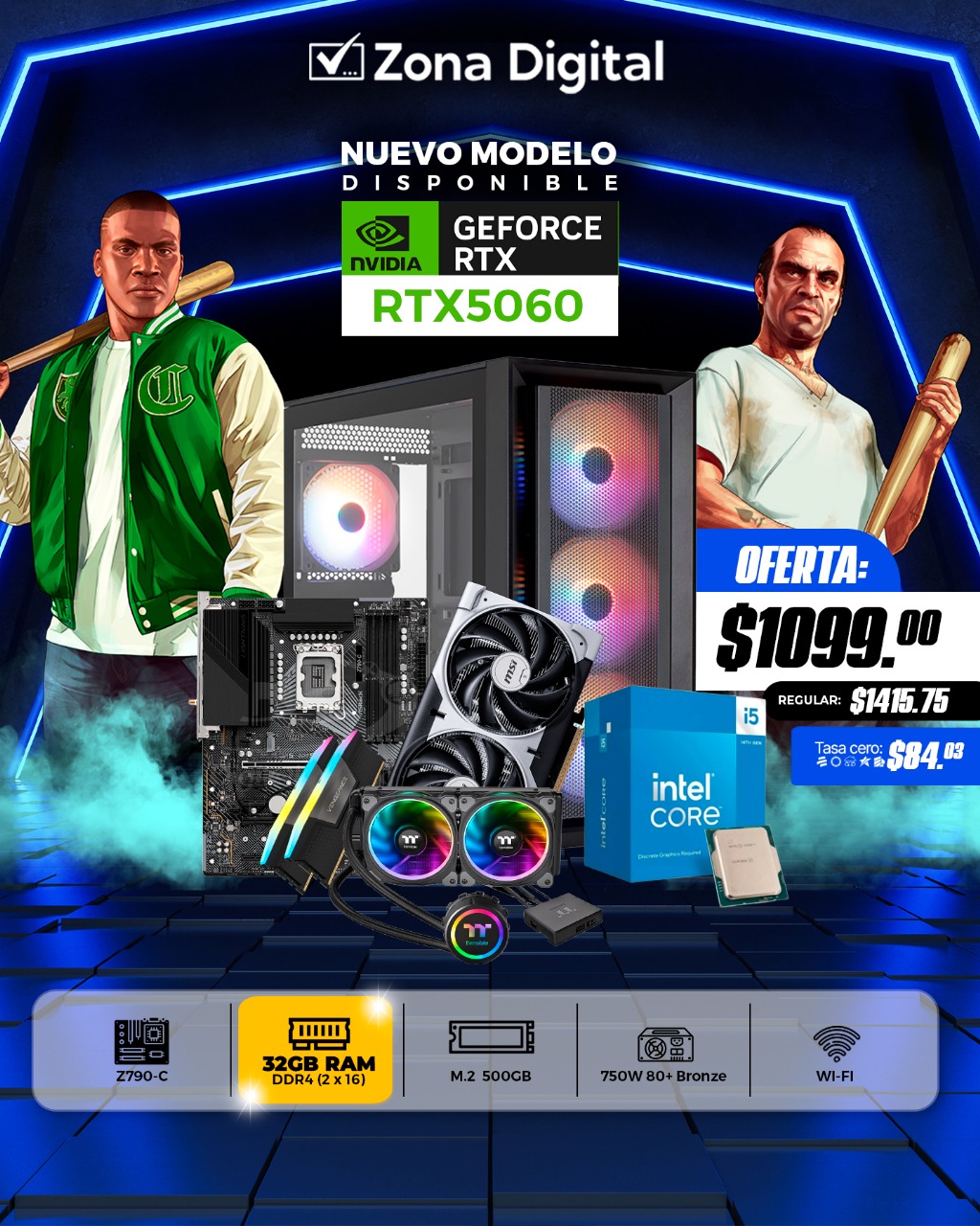 Combo de PC Gamer Intel i5 14400F MB Z790-C Ram ddr5 32GB(2x16gb) M.2 500gb RTX5060 8GB PSU 750w 80+BR Case TT Term Mini TH240 TT Conexion WiFi Incluida