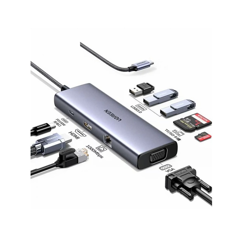 HUB USB-C UGREEN CM498  9en1 HDMI 4K VGA USBX2 RJ45 USB-C x2 PD100w 15600