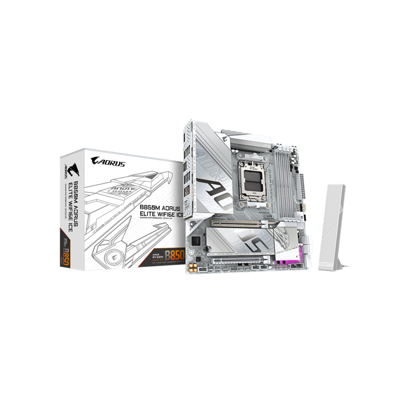 MOTHERBOARD GIGABYTE AORUS ELITE ICE B850M AM5 DDR5 WIFI 6E+BT5 (4DIMMS DDR5 M.2 X2 SATA X4) BLANCO