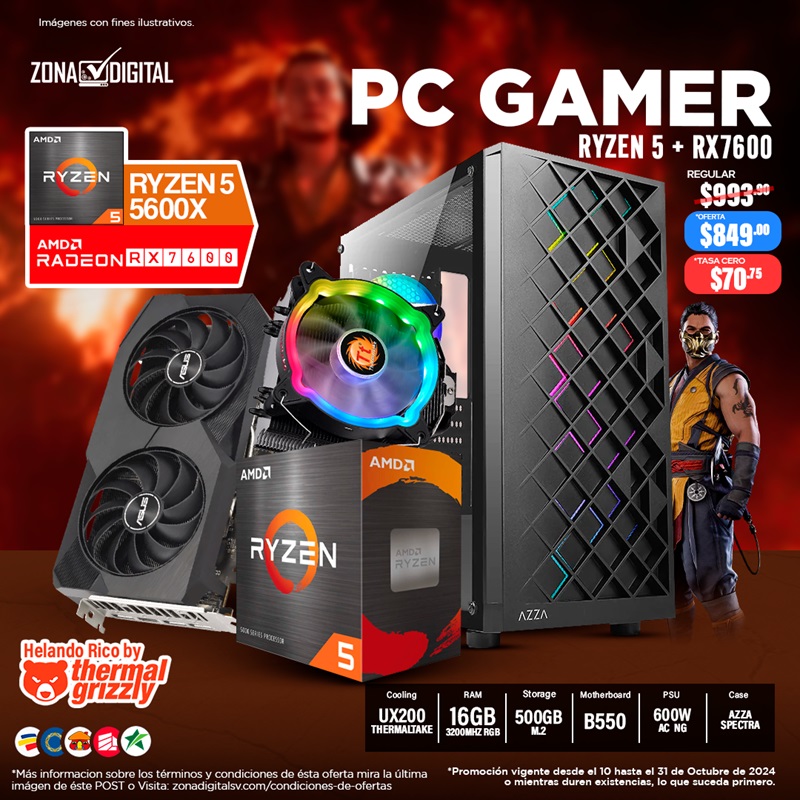 Combo De Pc Gamer Amd Ryzen 5 5600x Rx7600 B550 Ram 16gb Ssd M 2 500gb 600w Ac Ng Zona