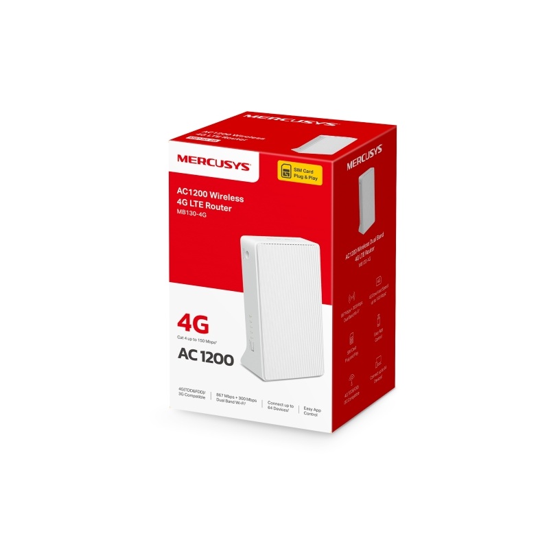 ROUTER dualband wifi MERCUSYS MB130-4G CON SOPORTE SIMCARD 4G LTE HASTA 64 DISPOSITIVOS