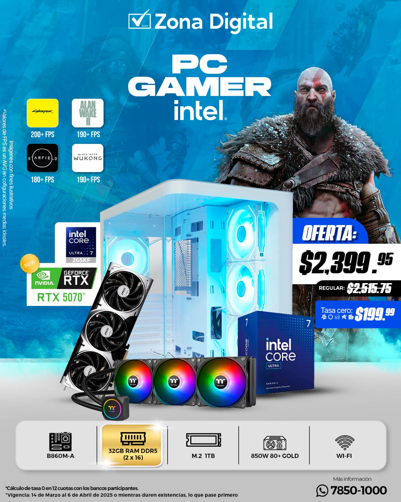 Combo de PC Gamer Intel Ultra 7 265KF MB B860M Ram ddr5 32gb(2x16gb) M.2 1TB RTX5070ti 16gb PSU 850w 80+ Case P500C TT 360TH Conexion WiFi Incluida