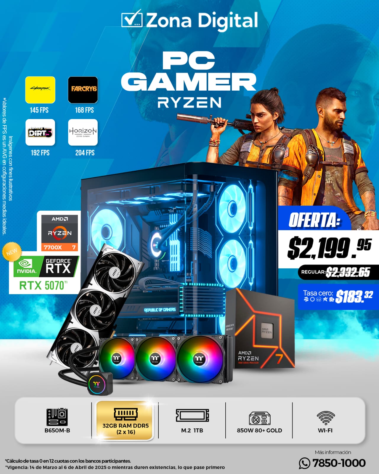 Combo de PC Gamer Ryzen 7700X MB B650M Ram ddr5 32gb(2x16gb) M.2 1TB RTX5070ti 16gb PSU 850w 80+ Case P500C TT TH360 Conexion WiFi Incluida