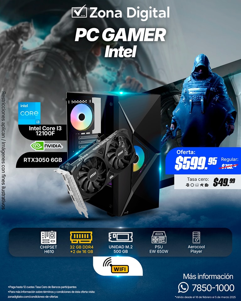 Combo de PC Gamer Intel i3 1200f MB H610 Ram ddr4 32GB(2x16gb) M.2 500GB RTX3050 6gb PSU 650W NG Case Player Conexion WiFi incluida