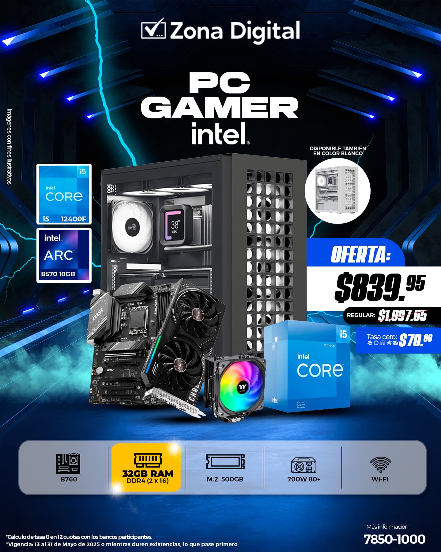 Combo de PC Gamer Intel i5 12400F MB B760M-K Ram ddr4 32GB(2x16gb) M.2 500GB Intel B570 10GB PSU 700w 80+WH TT Case D502 UX200 TT Conexion WiFi Incluida