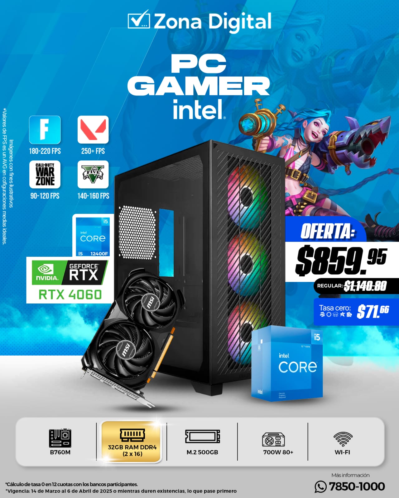 Combo de PC Gamer Intel i5 12400F MB B760M Ram ddr4 32gb(2x16gb) M.2 500GB RTX4060 8gb PSU 700w TT Case Elite 301 Conexion WiFi Incluida