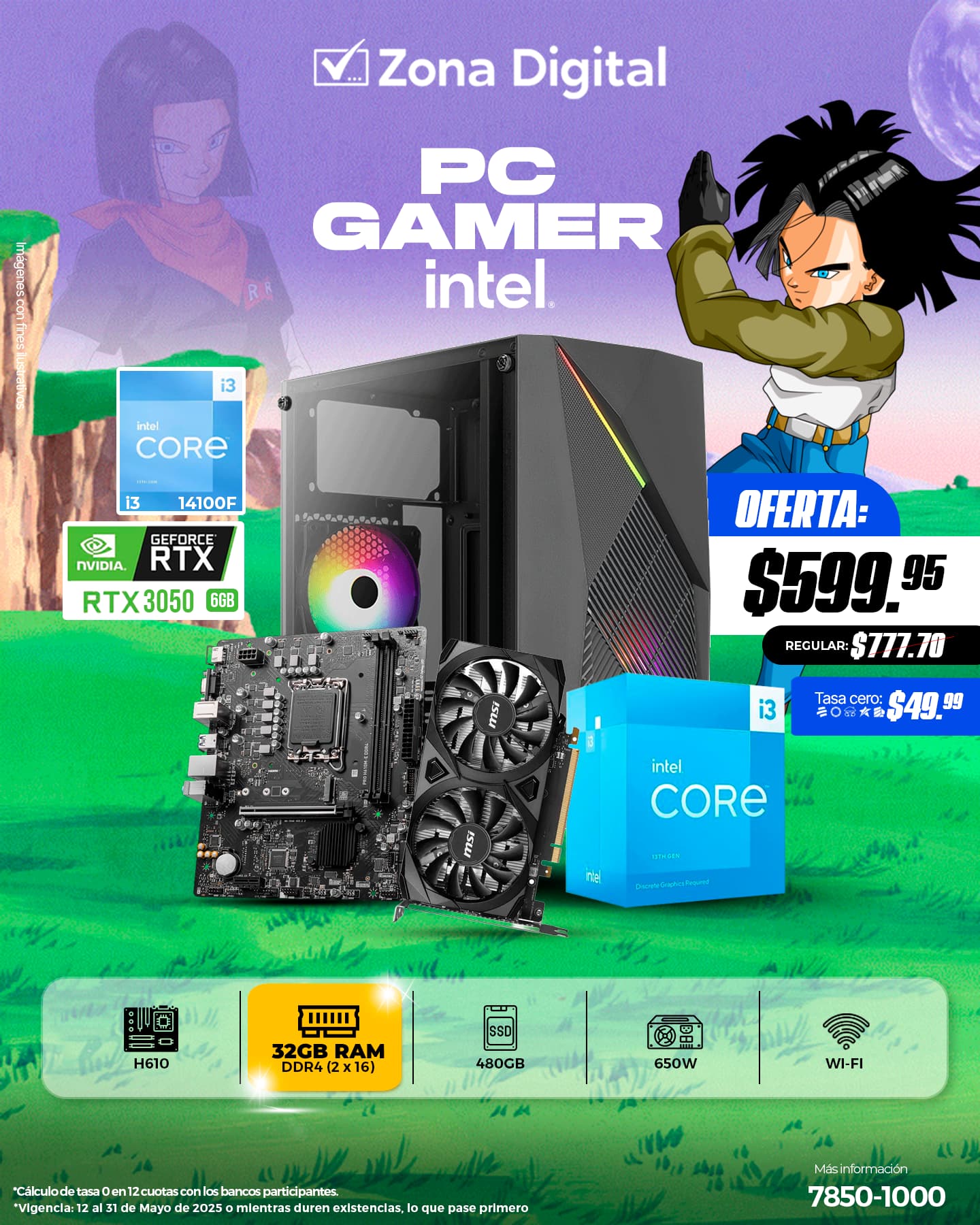 Combo de PC Gamer Intel i3 14100F MB H610 Ram ddr4 32GB(2x16gb) SSD 480GB RTX3050 6GB PSU 650w NG Case Raider Mini Conexion WiFi Incluida