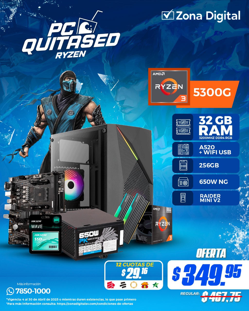 Combo de PC QuitaSed Ryzen 5300G MB A520 32gb ram(2x16gb) SSd 256gb PSU 650w NG case CG06Z5 Conexion WiFi Incluida