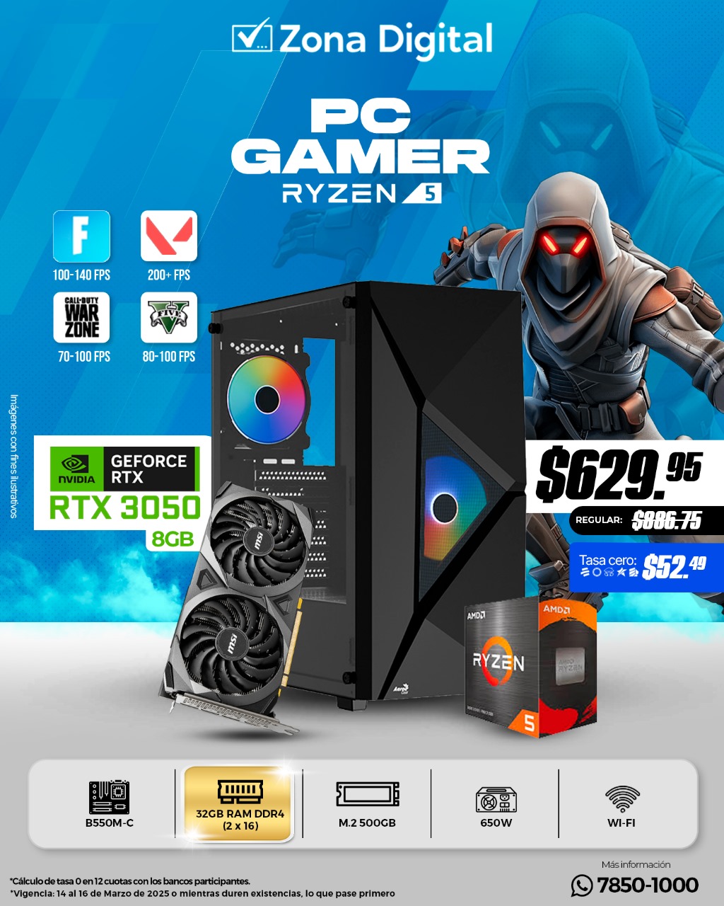 Combo de PC Gamer Ryzen 5 5500 MB A520 Ram ddr4 32GB(2x16gb) SSD 480gb RTX3050 8GB PSU 650w NG Case Hive Conexion WiFi Incluida