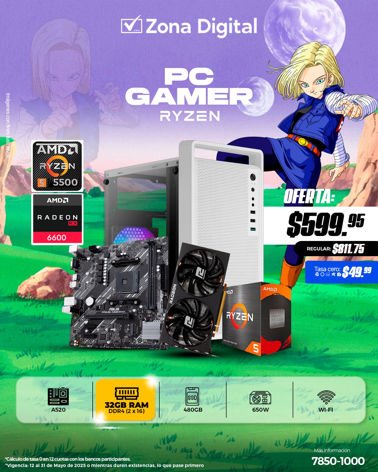 Combo de PC Gamer Ryzen 5 5500 MB A520 Ram ddr4 32GB(2x16gb) SSD 480gb RX6600 8GB PSU 650w NG Case CS-109 Conexion WiFi Incluida
