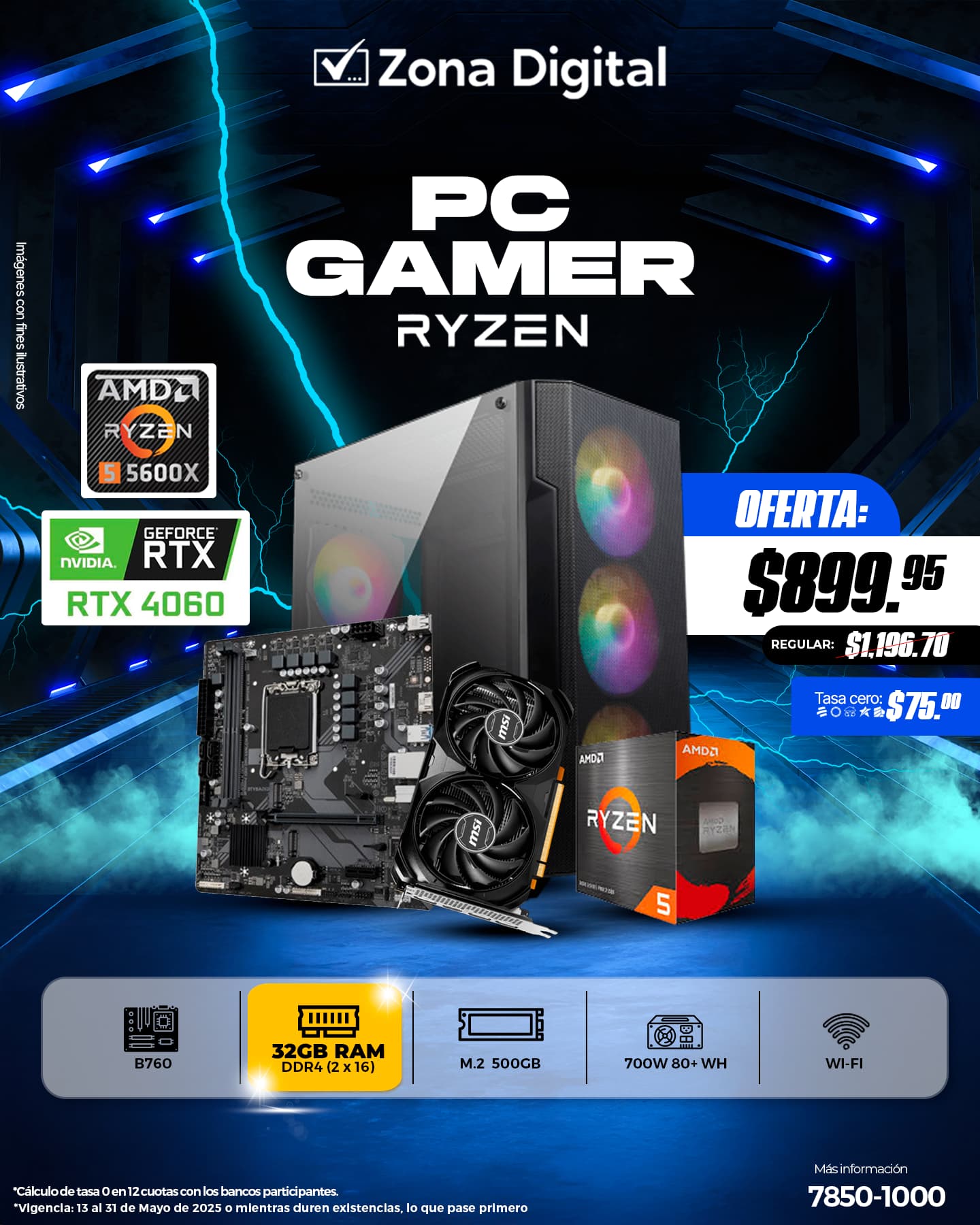 Combo de PC Gamer Ryzen 5 5600X MB B550M-C Ram ddr4 32GB(2x16gb) M.2 500GB RTX4060 8GB PSU 700w 80+Wh TT Case M100A UX200 TT Conexion WiFi Incluida