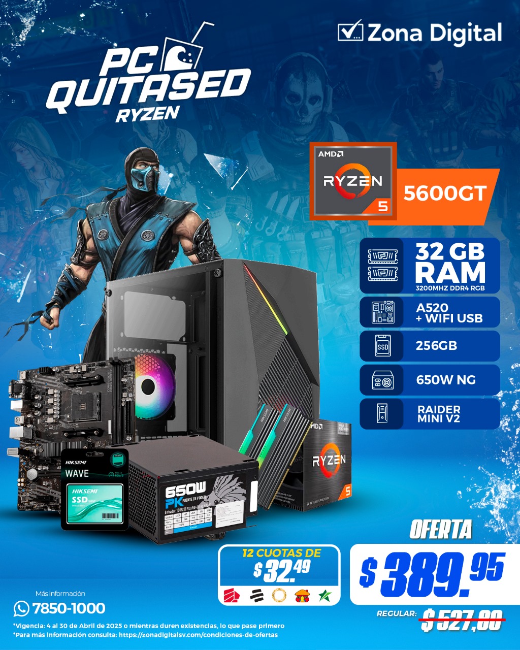 Combo de PC QuitaSed Ryzen 5600GT MB A520 32gb ram(2x16gb) SSd 256gb PSU 650w NG case CG06Z5 Conexion WiFi Incluida