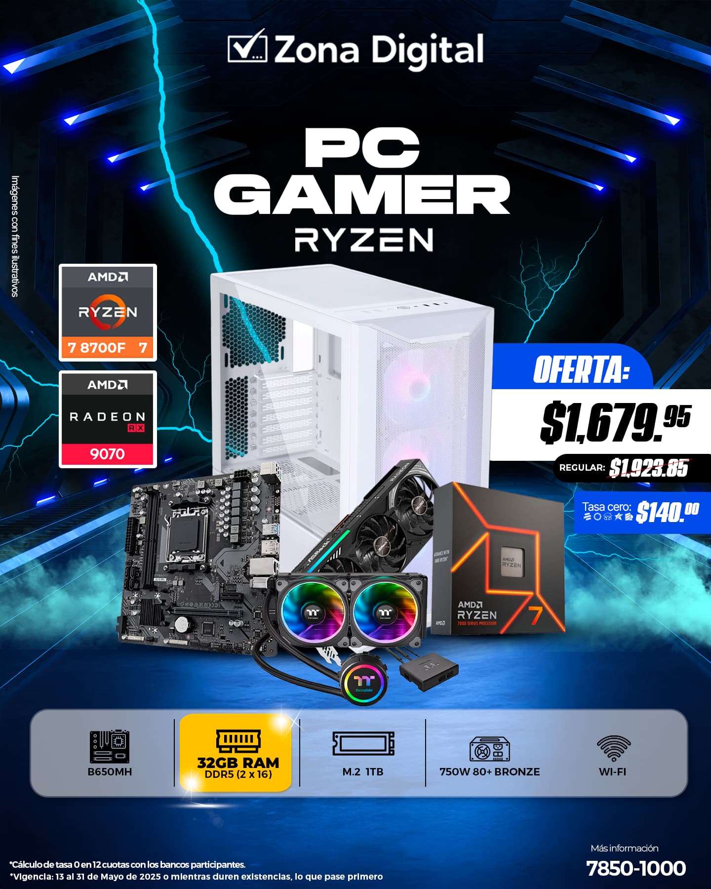 Combo de PC Gamer Ryzen 7 8700F MB B650MH Ram ddr5 32GB(2x16gb) M.2 1TB RX9070 16GB PSU 750w 80+BR TT Case LanCool II Conexion WiFi Incluida