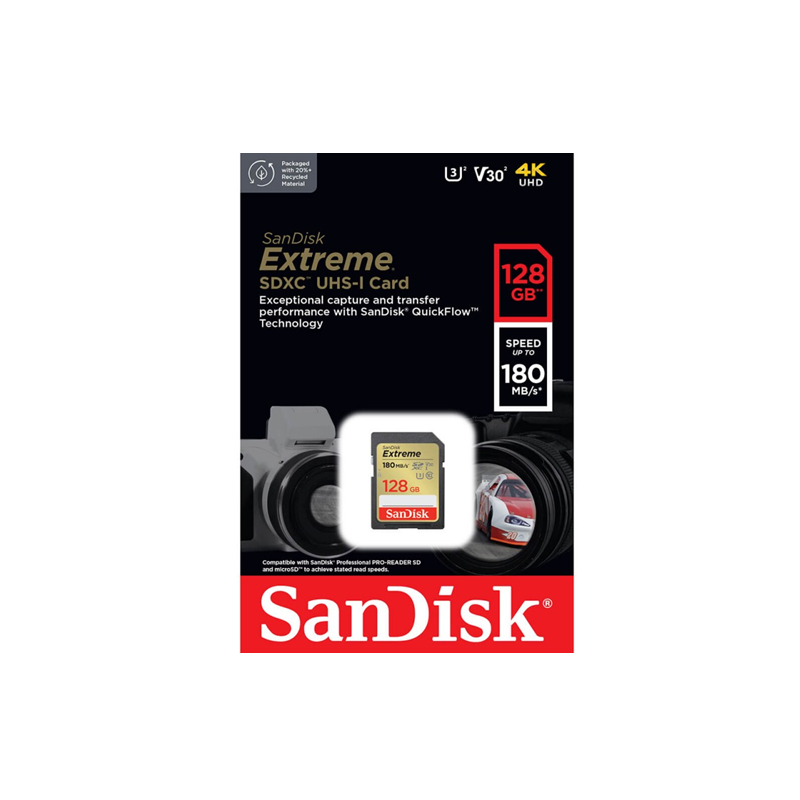 MEMORIA SD SANDISK EXTREME 128GB 180MB/s U3 V30 4K SDSDXVA-128G-GNCIN