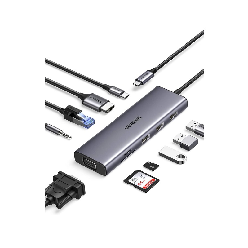 HUB USB-C UGREEN CM498  10en1 HDMI 4K  30Hz USBX3 RJ45 VGA 3.5MM TF PD100w 15601