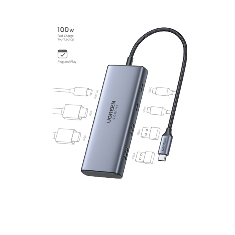 HUB USB-C UGREEN CM498  7en1 HDMI 4K x2 60Hz USBX2 USB-C x2 PD100w 45379
