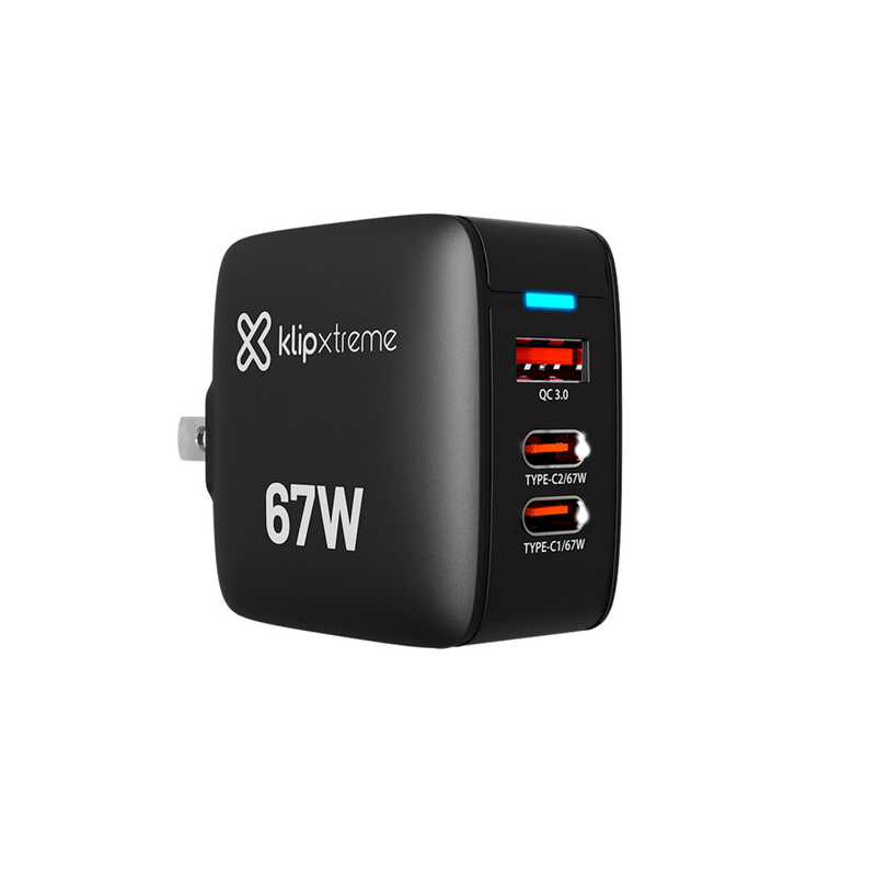 CARGADOR PARA TELEFONO 67W TRIPLE SALIDA USB-A USB-C X2 GaN KLIP XTRME KMC-500