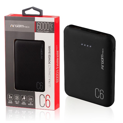 POWERBANK ARGOM C6 6000mAh DOBLE USB DE CARGA ARG-PB-1136BK