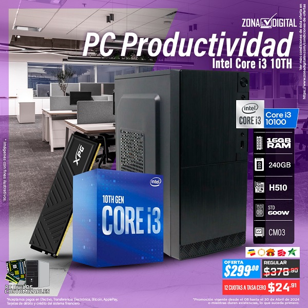 COMBO DE PC MULTITAREAS INTEL CORE i3 10100  H510 RAM 16GB SSD 240GB