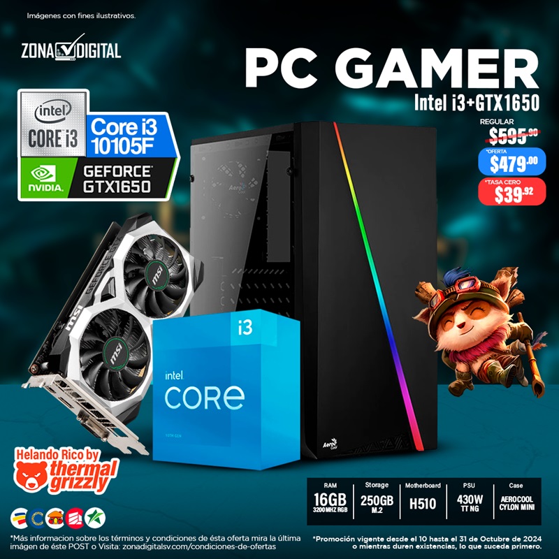 COMBO DE PC GAMER INTEL CORE i3 10105F + GTX1650, H510, RAM 16GB, SSD 500GB 