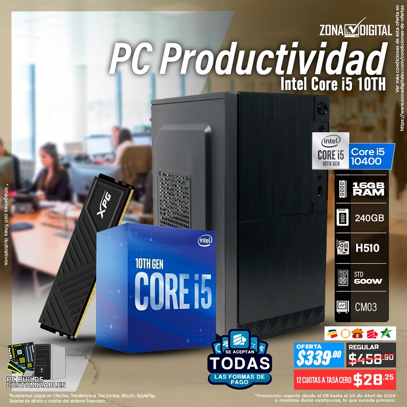 COMBO DE PC MULTITAREAS INTEL CORE i5 10400 + H510, RAM 16GB, SSD 240GB