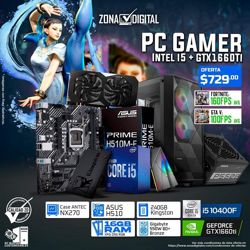 COMBO DE PC GAMER INTEL CORE i5 10400F + GTX1660TI, H510, RAM 16GB, SSD 240GB