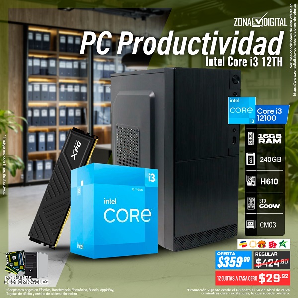 COMBO DE PC MULTITAREAS INTEL CORE i3 12100  H610 RAM 16GB SSD 240GB