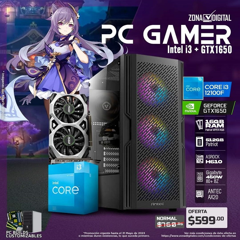 COMBO DE PC GAMER INTEL CORE i3 12100F + GTX1650, H610, RAM 16GB, SSD 500GB