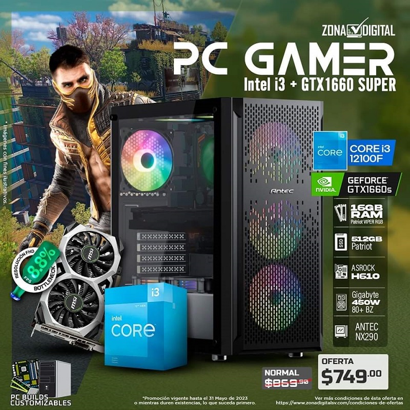 COMBO DE PC GAMER INTEL CORE i3 12100F, GTX1660S, H610, RAM 16GB, SSD 512GB