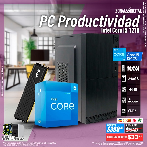 COMBO DE PC MULTITAREAS INTEL CORE i5 12400 + H610, RAM 16GB, SSD 480GB
