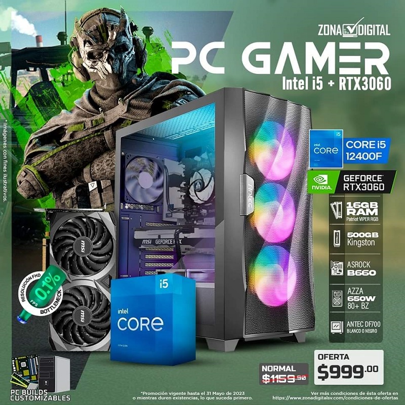 COMBO DE PC GAMER INTEL CORE i5 12400F + RTX3060, B660, RAM 16GB, SSD 500GB