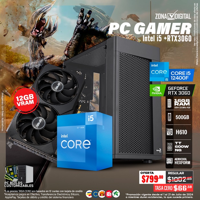 COMBO DE PC GAMER INTEL i5 12400F + RTX3060, H610, RAM 16GB, M.2 500GB, HEXFORM,  TT 600W NG
