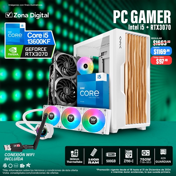 COMBO DE PC GAMER INTEL CORE i5 13600KF + RTX3070, Z790-C, RAM 16GB DDR5, M.2 500GB, TT 750W 80+BR, AZZA GUARDIAN, TT 360MM