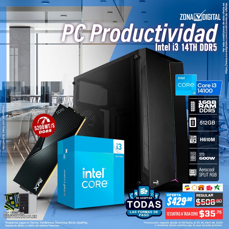 COMBO DE PC MULTITAREAS INTEL CORE i3 14100  H610 RAM DDR5 16GB SSD 512GB