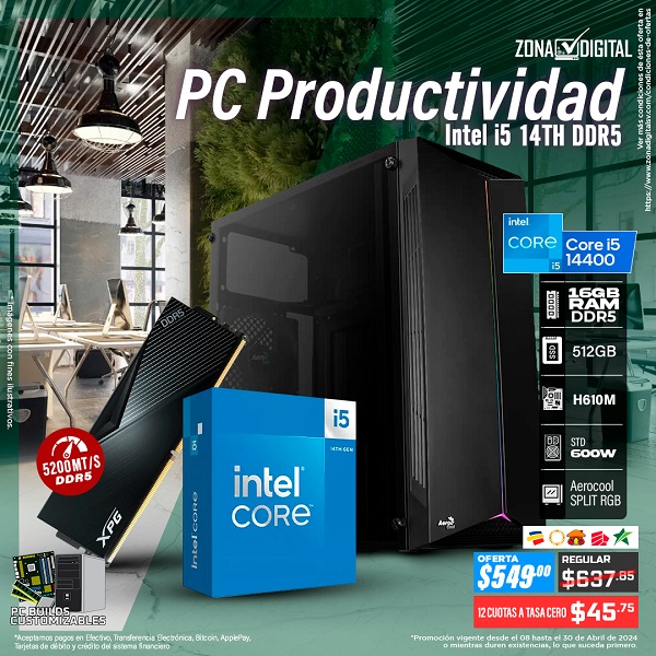 COMBO DE PC MULTITAREAS INTEL CORE i5 14400  H610 RAM DDR5 16GB SSD 512GB
