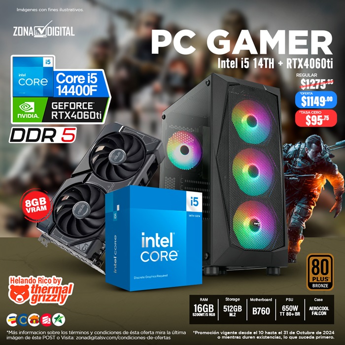 COMBO DE PC GAMER INTEL CORE i5 14400F + RTX4060ti 8GB, B760, RAM 16GB DDR5, M.2 512GB, TT 650W 80+BR 