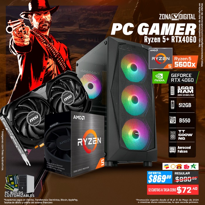 COMBO DE PC GAMER AMD RYZEN 5 5600X + RTX4060, B550, RAM 16GB, SSD M.2 512GB