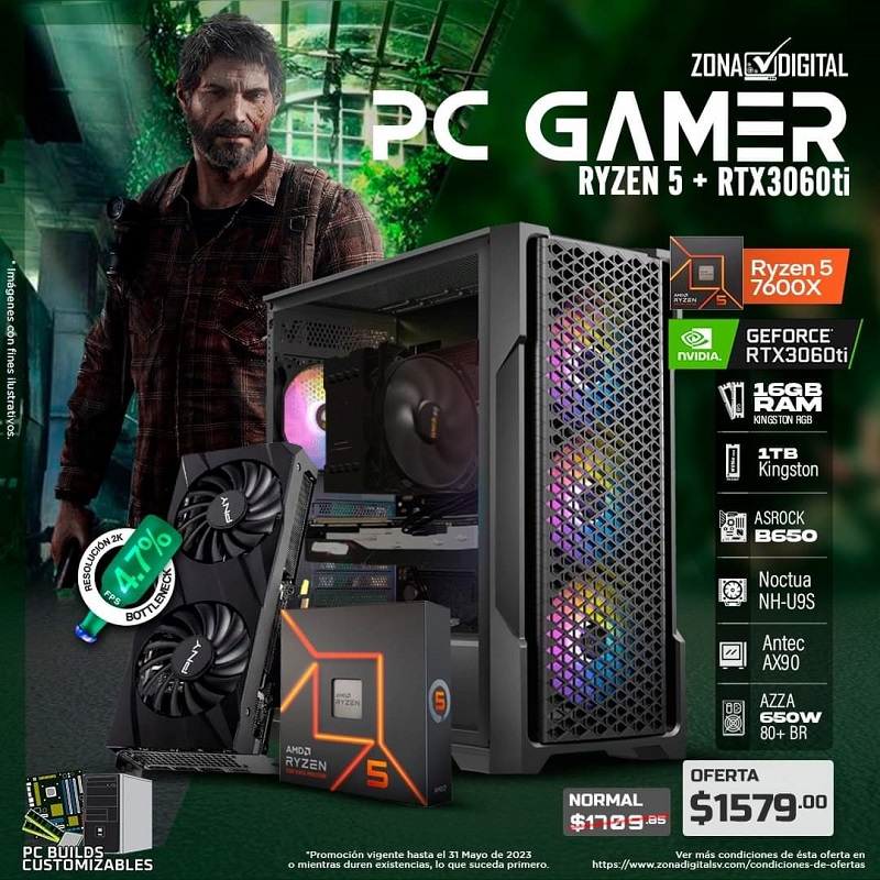 COMBO DE PC GAMER AMD RYZEN 5 7600X, RTX3060TI, B650, RAM DDR5 16GB, SSD 1TB