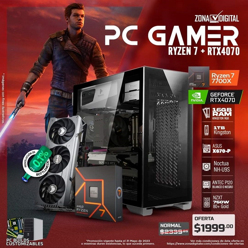 COMBO DE PC GAMER AMD RYZEN 7 7700X, RTX4070, X670-P, RAM DDR5 16GB, SSD 1TB