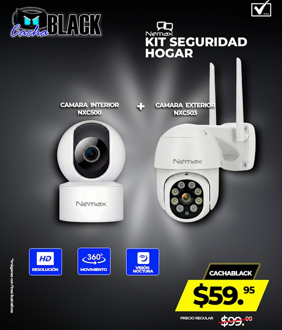 KIT SEGURIDAD HOGAR (Incluye: CAMARA DE VIDEOVIGILANCIA INALAMBRICA PARA INTERIORES PANORAMICA NEMAX NXC500 + CAMARA DE VIDEOVIGILANCIA INALAMBRICA PARA EXTERIORES PANORAMICA NEMAX NXC503)