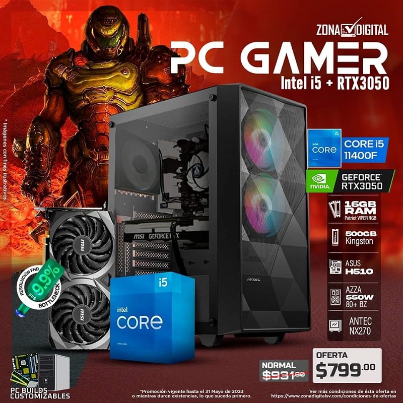 COMBO DE PC GAMER INTEL CORE i5 11400F + RTX3050, H510, RAM 16GB, SSD 500GB