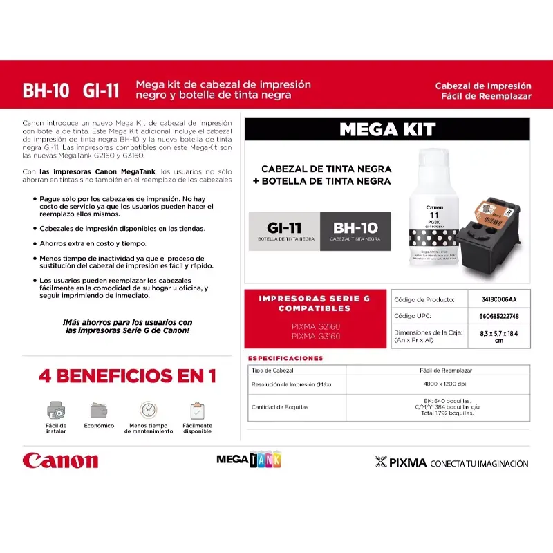 KIT CABEZAL BH-10 + BOTELLA DE TINTA NEGRA GI-11 G2160 G3160